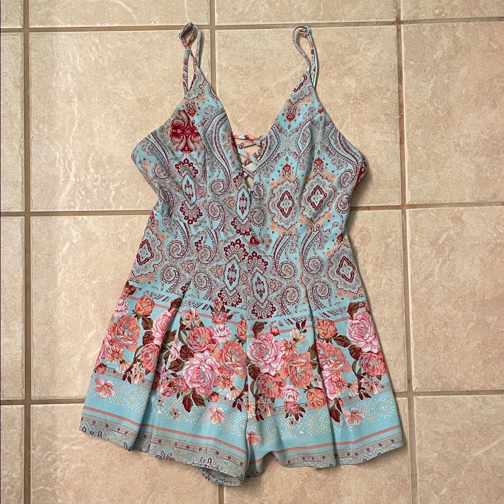 a'gaci Floral Paisley Romper - Blue and Pink